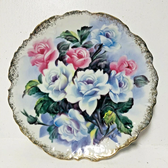 Porcelain Plate Roses Greenery Embossed Signed T Kita Occupied Japan 1940s VTG