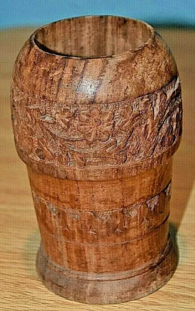 Vintage Hand Carved Teak Wood Pencil Holder Vase Utensil Holder Made In India