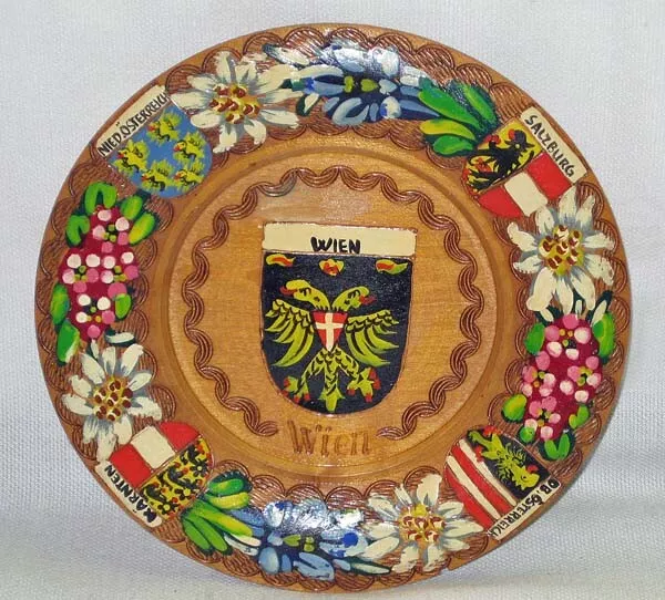 Wien Vienna Austria Wooden Plate Vintage Handcarved Handpainted Salzburg 7"