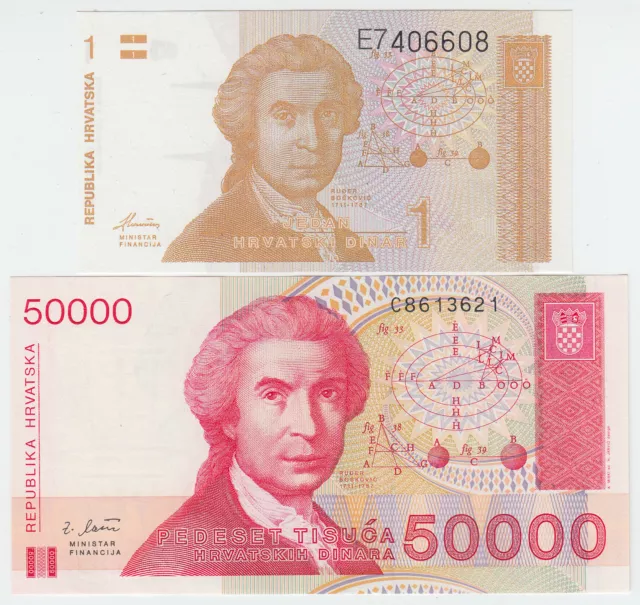 *2 Banknoten*KROATIEN*1 Dinar 1991 + 50.000 Dinara 1993*P. 16 + 26*