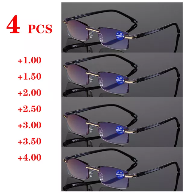 4 Stück Lesebrille Lesehilfe Blaulichtfilter rahmenlos randlos +1.0 bis +4.0