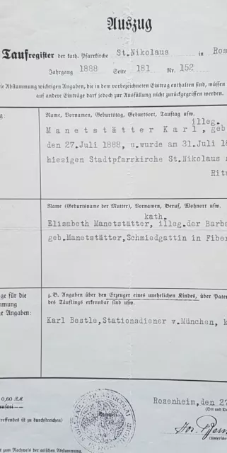 ROSENHEIM: Auszug aus dem Taufregister v. 27.7.1888 / 27.1.1937