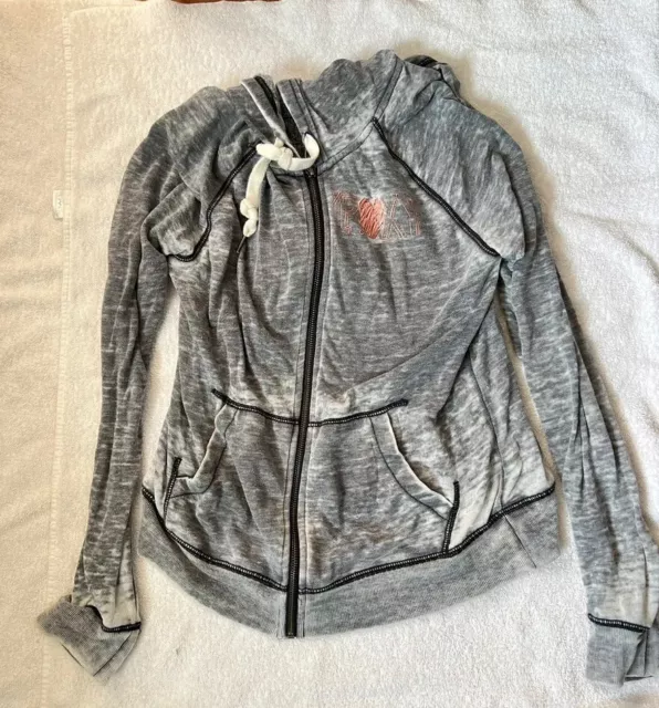 Roxy Jacket Girls Size Large  Gray Hooded Hoodie Full Zip Distressed Pink Hearts