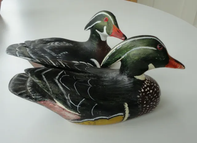 2 Vtg Carved Hand Painted 1985 & 1989 Wood Ducks Elt Fairbank Signed Folk Art