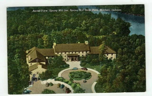 IN Mitchell Indiana antique linen post card - Aerial View Spring Mill Inn