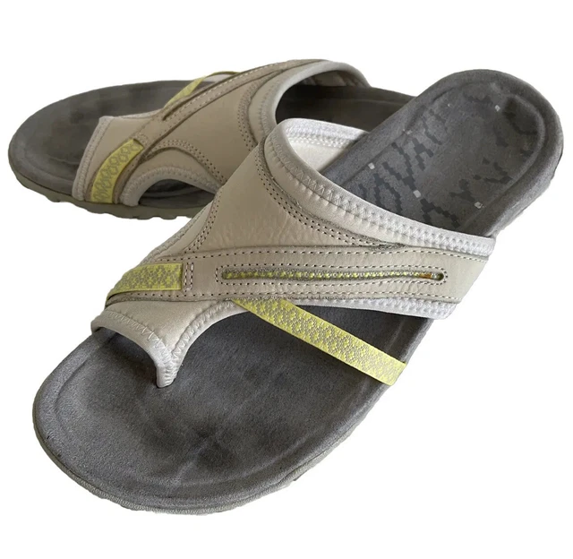 Merrell Women's Sandals Size 9 Beige Leather Trim Slip On Thongs Comfort Shoes