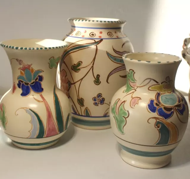 3 x Vintage Honiton pottery vases C 1970s hand painted abstract Floral design