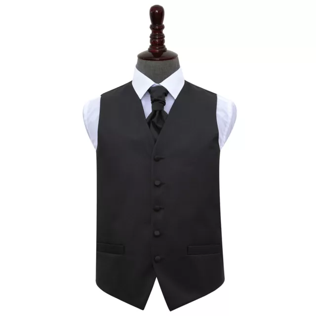 DQT Greek Key Patterned Black Mens Wedding Waistcoat & Cravat