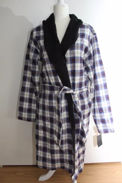 UGG Australia Mens Kalib Cotton Flannel Fleece Lined Robe Plaid Navy Size Large