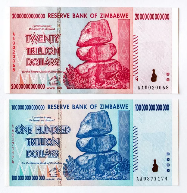 Set Mit 2 Verschiedene Zimbabwe 100 Und 20 Trillion Dollars P-91 89 2008 Au-Unc