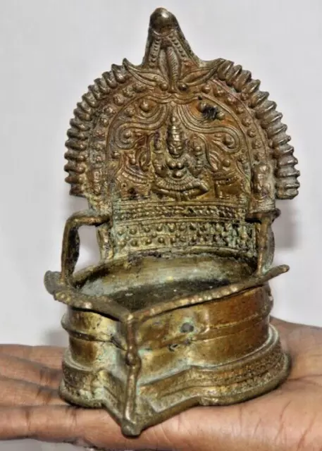 Vintage Old Brass South Goddess Laxmi & Elephant Embossed Light Oil Lamp 10700