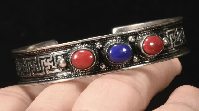2.5''Old Tibet Tibetan Silver Inlay Coral lapis lazuli Bracelet Bangle Wristband
