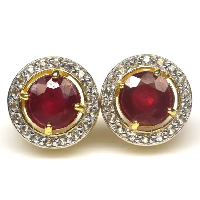 Gemstone Heated Red Ruby & White Topaz Earrings 925 Silver 18K Gold