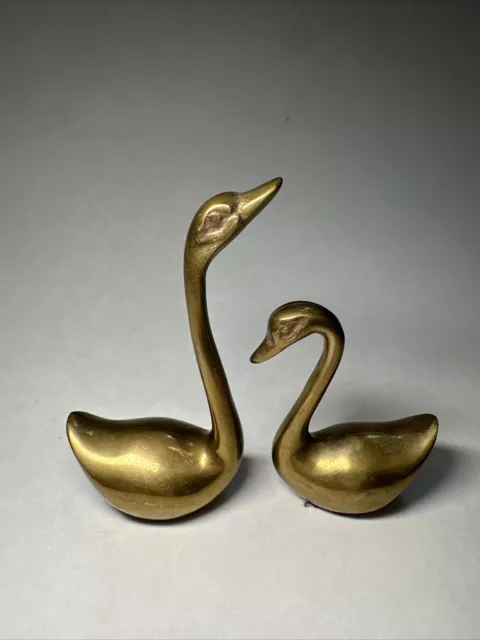 Vintage Solid Brass Pair Of Swan Duck Geese Fowl Bird Figurines Brass Collector