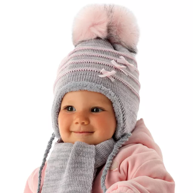 AJS Baby Mädchen Kinder Winterset Mütze Wintermütze Strickmütze Schal mit Wolle