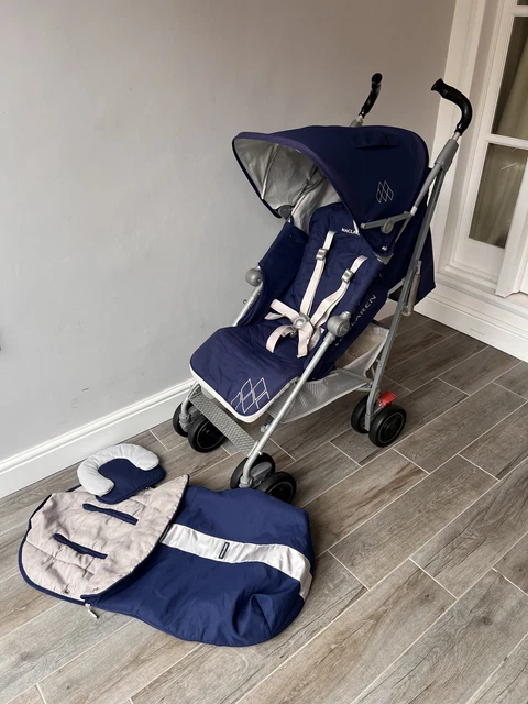 MACLAREN TECHNO XT blue and silver pushchair with footmuff