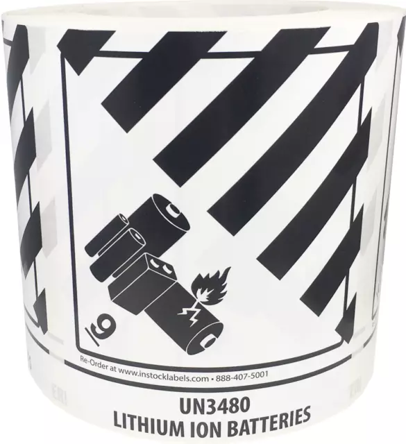 Autocollants de batterie Hazard Class 9 UN3480 | 4 x 4,75 pouces de large | Pack de 500