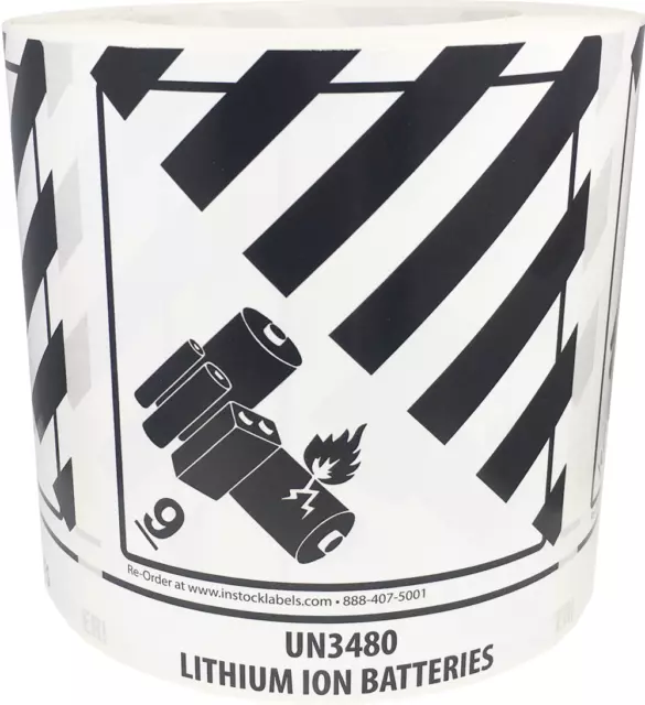 Hazard Class 9 UN3480 Battery Stickers | 4 x 4.75" Inches Wide | 500 Pack