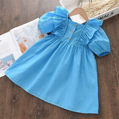 Toddler Kids Girls Short Puff Sleeve Ruffles Solid Blue A-Line Summer Dress