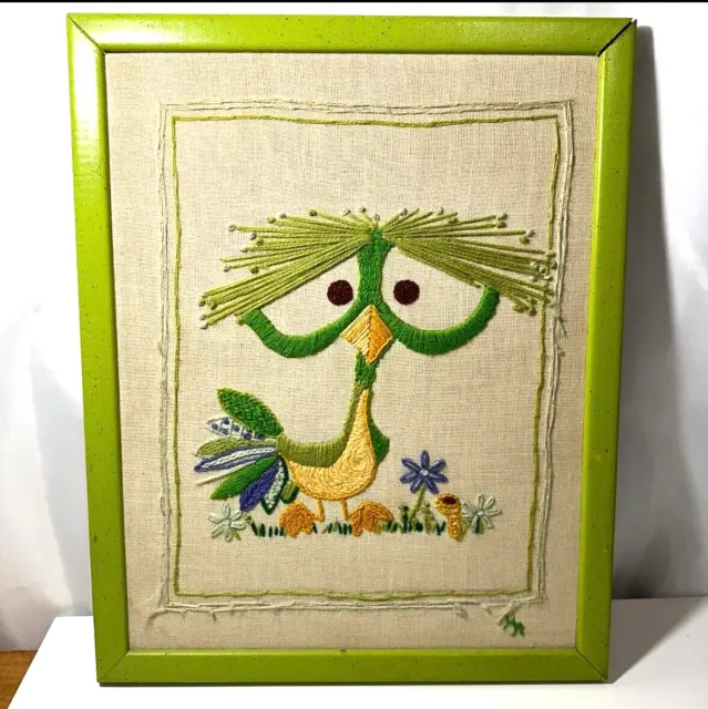 Vintage Mortimer Bird Crewel Completed & Framed Embroidery From Paragon #0534