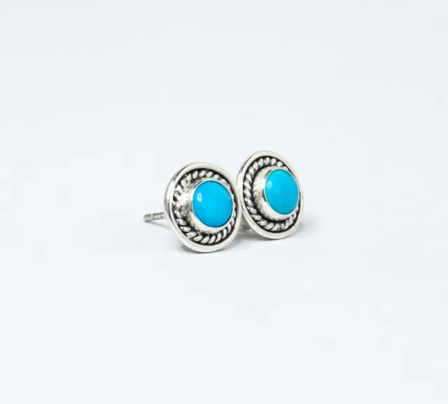 Round Shape Turquoise Bohemian Stud earrings, Gemstone Sterling Silver Earrings