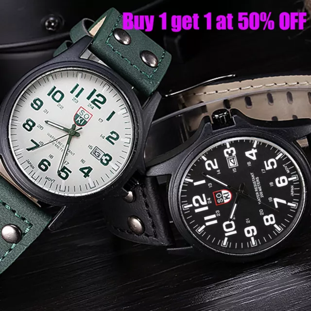 Men's Military Leather Date Quartz Analog Army Wrist Watch Casual Dress Watches