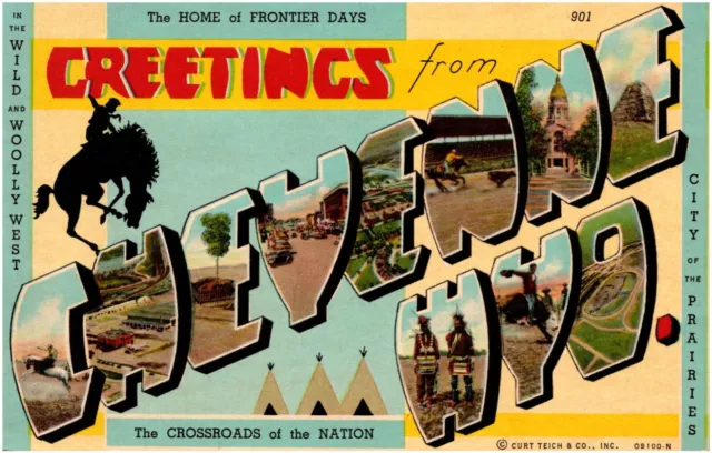 Greetings from Cheyenne Wyoming WY Large Letter Cowboy 1950s Chrome Postcard