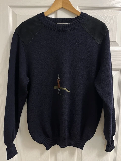Maglione sparatutto vintage BURBERRYS pura lana nuova blu navy ricamato taglia M