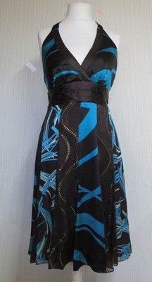 MONSOON vibrant dress halter neck flare brown blue silk viscose lined size 14