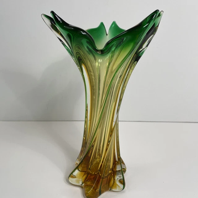 Vintage Murano Art Glass Hand Blown Yellow Green Vase Twisted Beautiful!