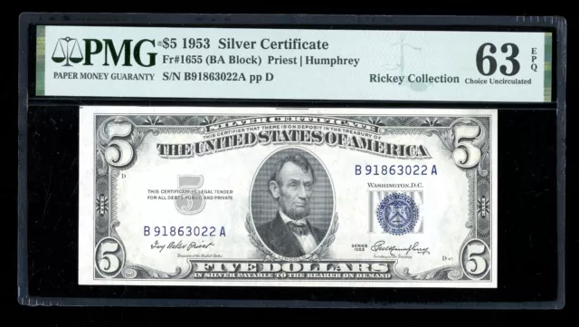 DBR $5 1953 Silver Fr. 1655 BA Block PMG 63 EPQ Serial B91863022A