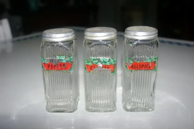 3 Unique Vintage Hoosier Sellers Clear Glass Ribbed Spice Jars Metal Lid Shakers