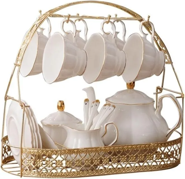 Simple White 15 Piece English Ceramic Tea Sets with Metal Holder Matching Spoons