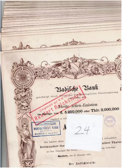 Investment 24 Badische Bank, Mannheim 1871, 350 Gulden, top-deco, wunderschön