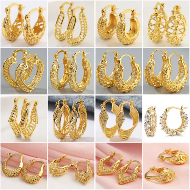 Yellow Gold Plated Women Hollow Stud Hoop Drop Earrings Wedding Party Jewelry