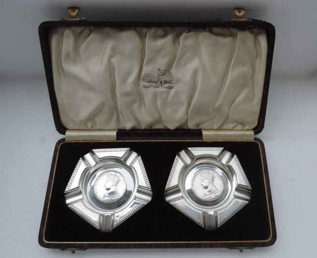 Pair Walker & Hall Sterling Silver Sheffield 1937 Ashtray King George Coronation