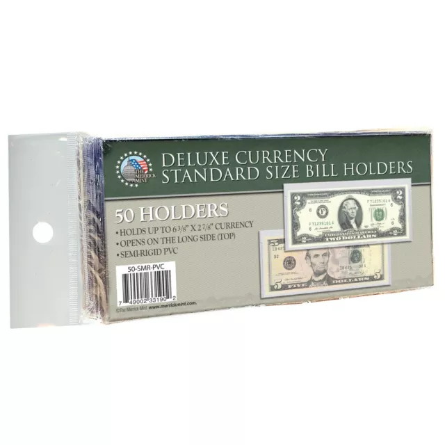 50 Regular Deluxe Pvc Currency Sleeve Bill Holders Paper Money Semi Rigid