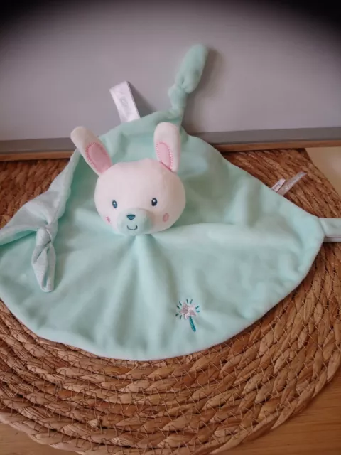 Doudou plat lapin blanc vert bleu aqua abracadabra Gipsy état neuf