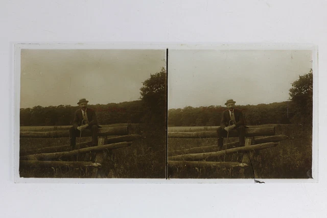 France Homme Champ Photo Stereo P50L2n10 Plaque de verre Vintage c1930