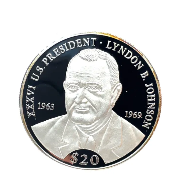 2000 LIBERIA XXXVI President Lyndon B. Johnson 20gr .999 Silver Proof $20 Coin