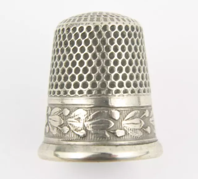 Antique Simons Bros. Thimble Floral Tulip Flower Band Nickle Silver Size 10