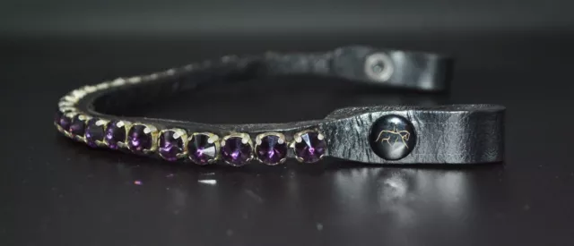 PURPLE 12mm CRYSTAL 1 ROW BLING DIAMANTE HORSE BRIDLE BROW BAND BLACK LEATHER