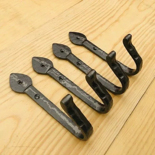 4 HAND FORGED HOOKS Coat Hat Entryway Hook 6" Long Hall Tree Metallic Farmhouse