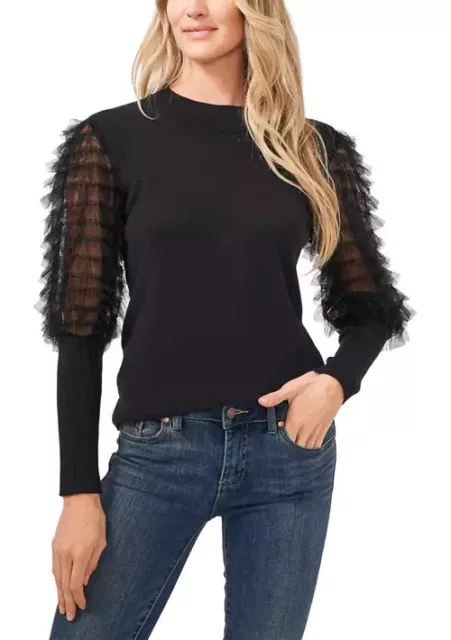 NWT CeCe Womens Black Ruffled Tulle Balloon Sleeves Pullover Sweater Blouse Sz S