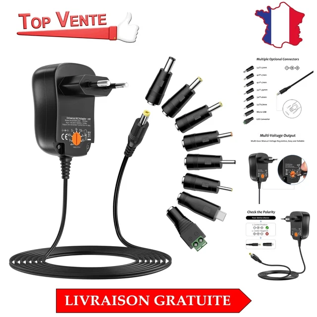 Adaptateur Secteur Universel 12W - AC/DC 3V à 12V - 1A - Avec 8 Connecteurs + USB