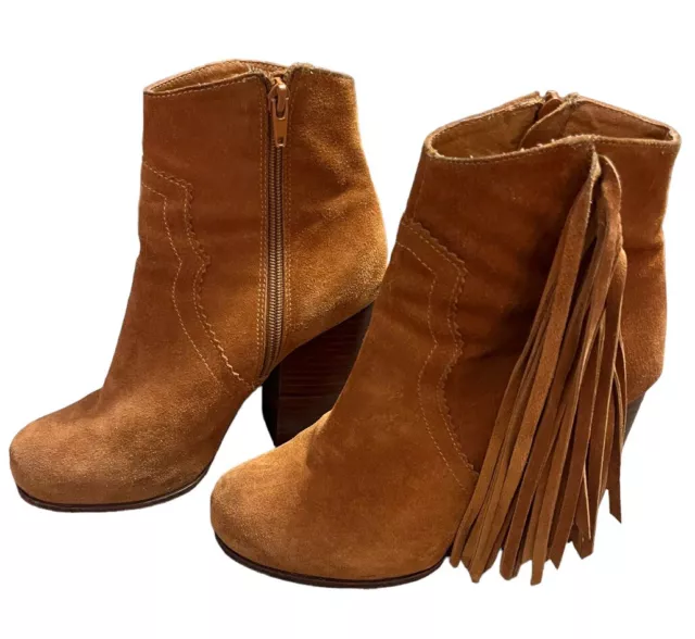 Jeffrey Campbell Womens Sz 7.5 Brown Suede Fringe Ankle Fashion Boots Bootie EUC