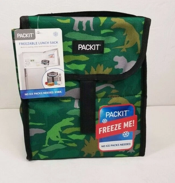 PACKIT Freezable Lunch Bag Dinosaurs Gel Lined Reusable Foldable Green