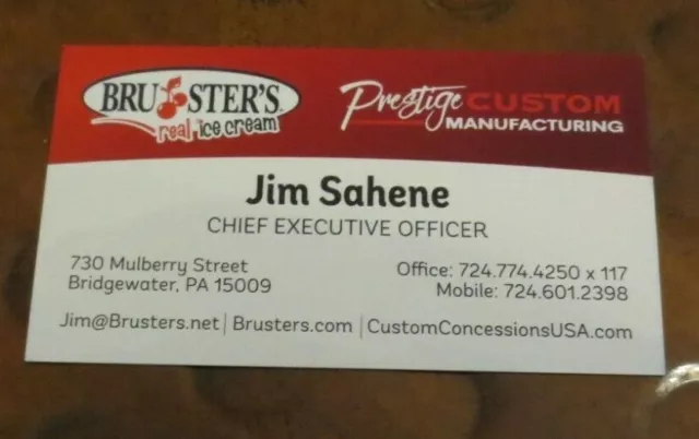 Jim Sahene Bruster's Ice Cream CEO signed autograph business card