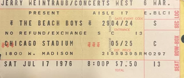 Beach Boys Concert Stub Jul 17 1976 Chicago Stadium Chicago, IL.