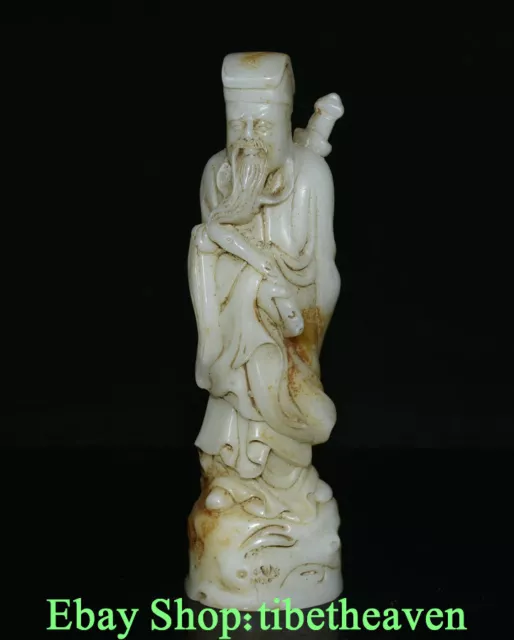 8" Old China White Jade Carving Dynasty Palace Stand Taoist Priest Sculpture